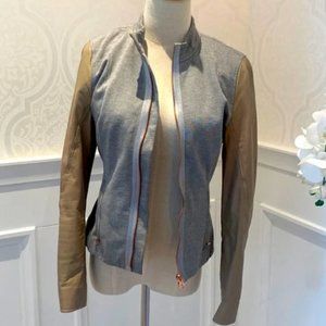 Ted Baker Beyty Grey blazer jacket zip up with tan brown leather sleeves size 1